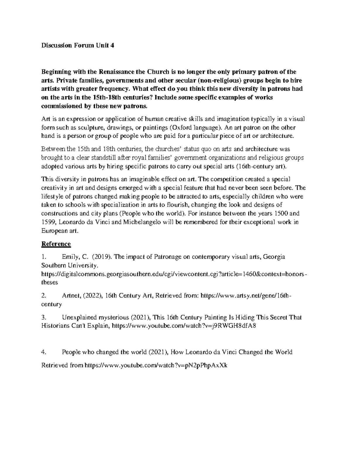 Art History Discussion Forum Unit 4 - Discussion Forum Unit 4 Beginning ...