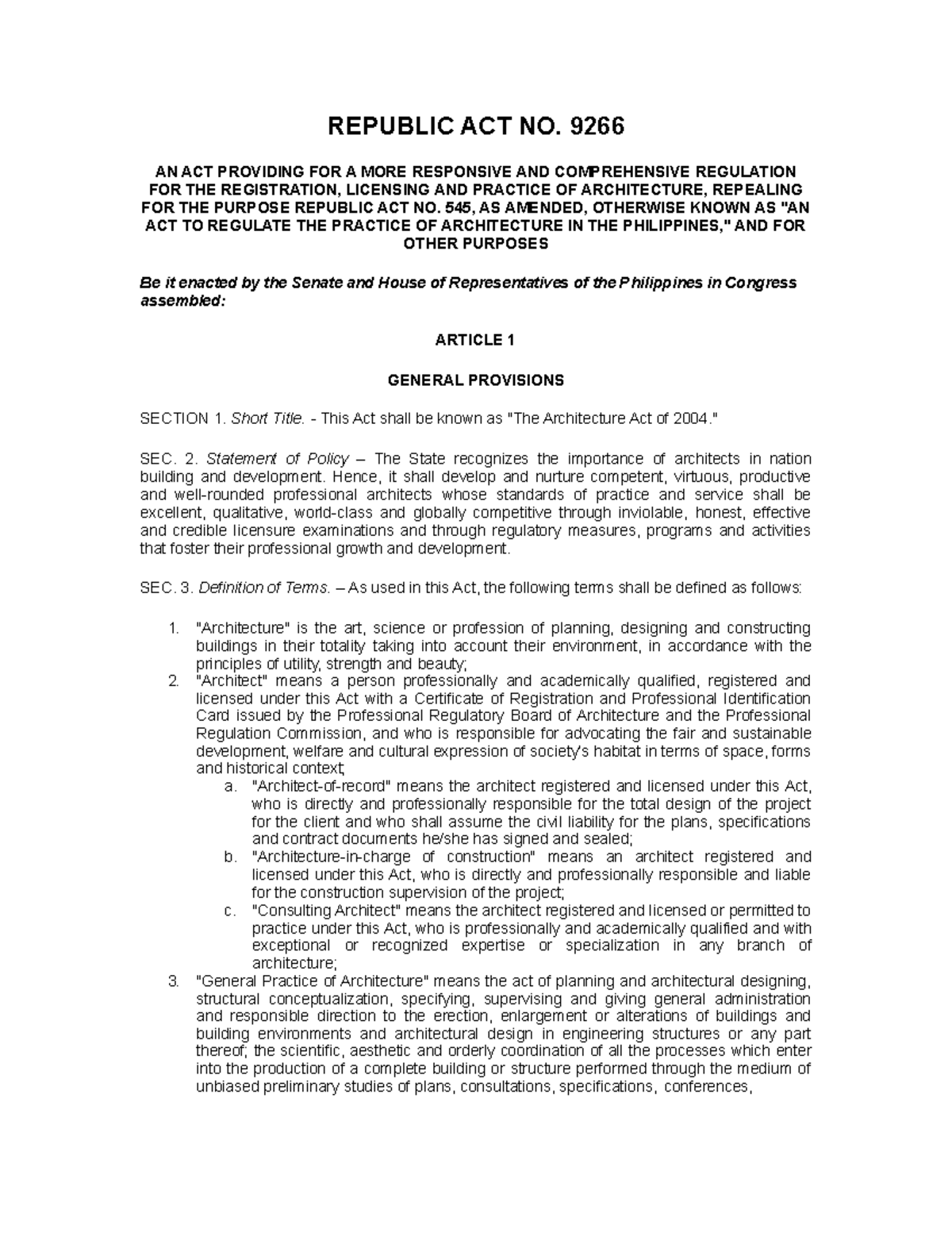 Architecture LAW - REPUBLIC ACT NO. 9266 AN ACT PROVIDING FOR A MORE ...
