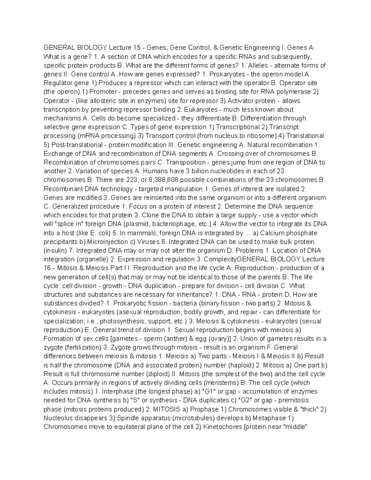 Biology notes - GENERAL BIOLOGY Lecture 15 - Genes, Gene Control ...