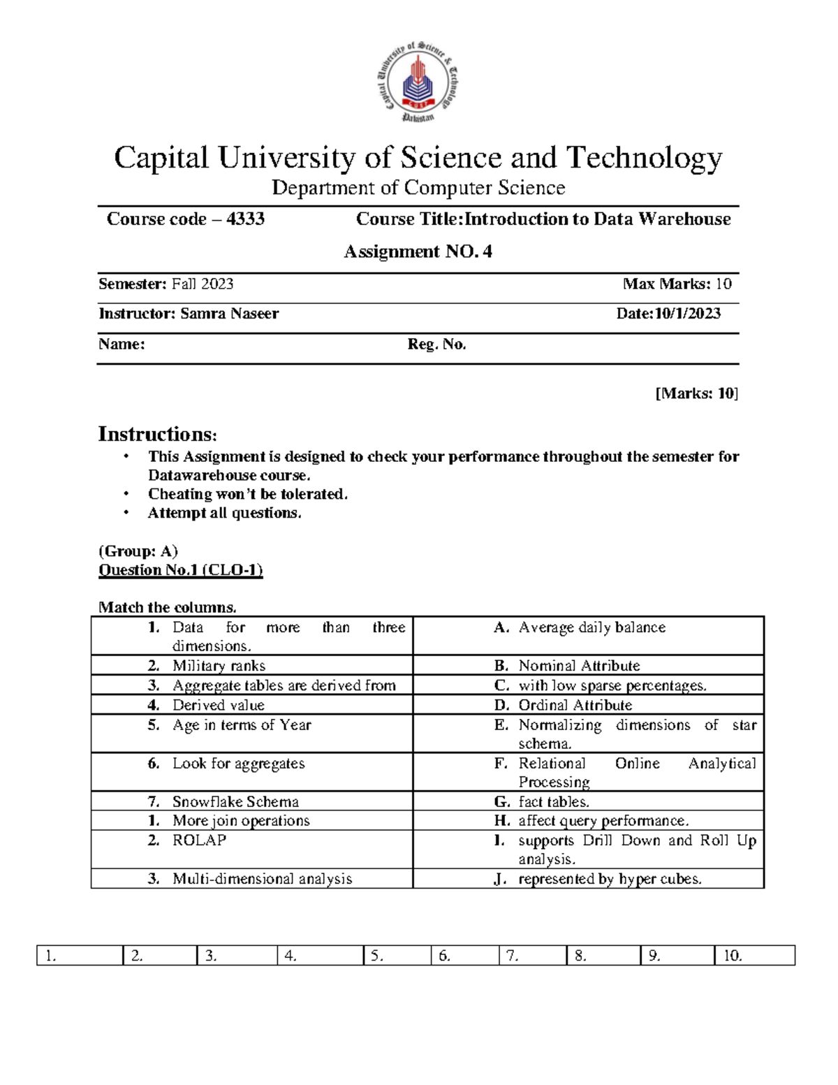 Assignment 4 - lecturer notes - Capital University of Science and ...
