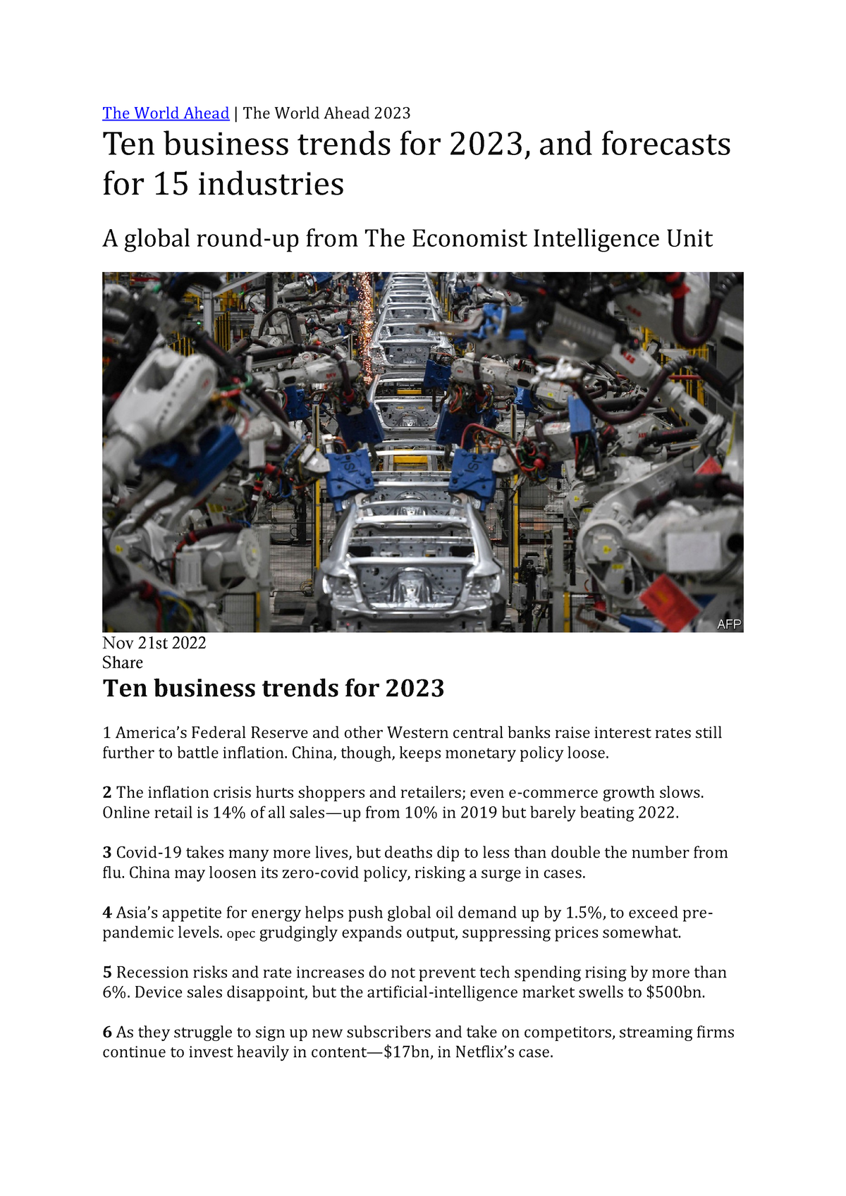 The Economist Ten business trends for 2023, and forecasts for 15