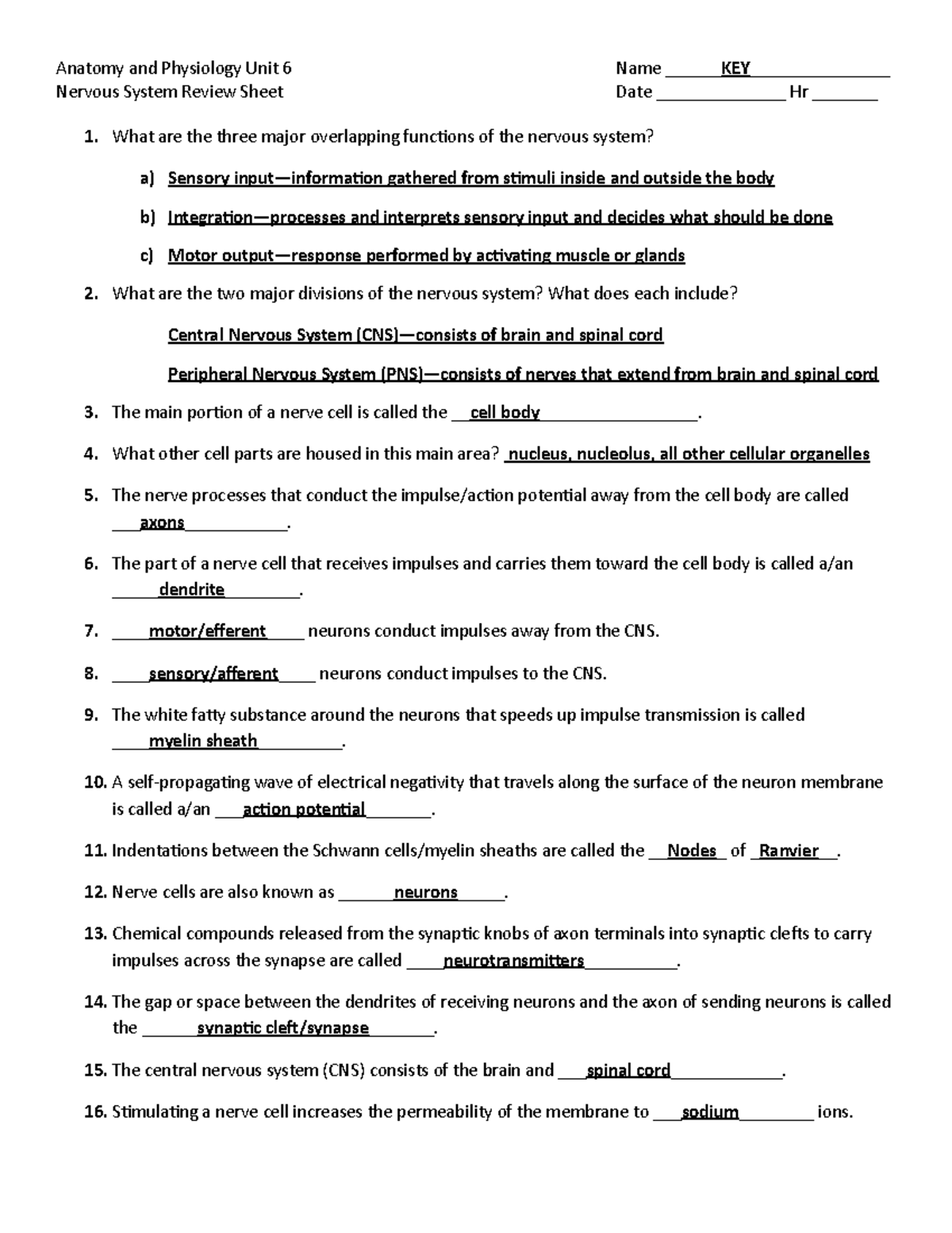 nervous system key - Anatomy and Physiology Unit 6 Name KEY ...