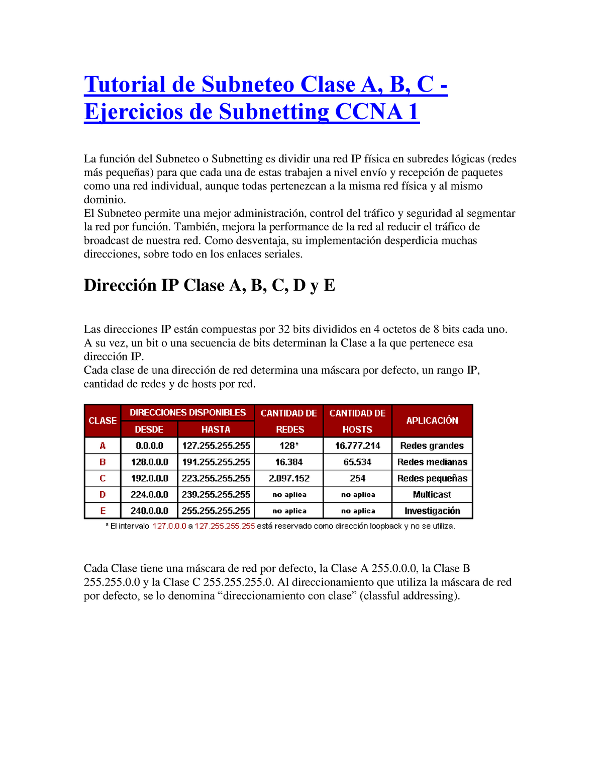 Subneteo - Ejercicios - Tutorial De Subneteo Clase A, B, C - Ejercicios ...