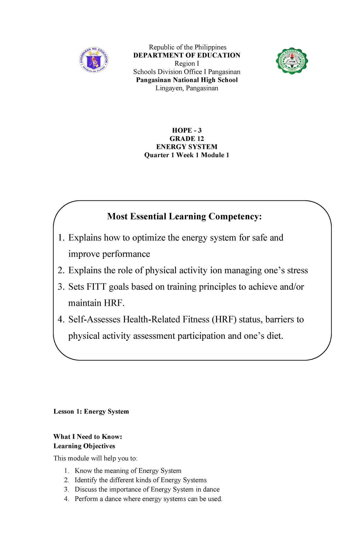 P.E.H 3 Module 1, Week 1 - Dgjxghduyfvhcjhftdjjufchjcjh - Republic Of ...