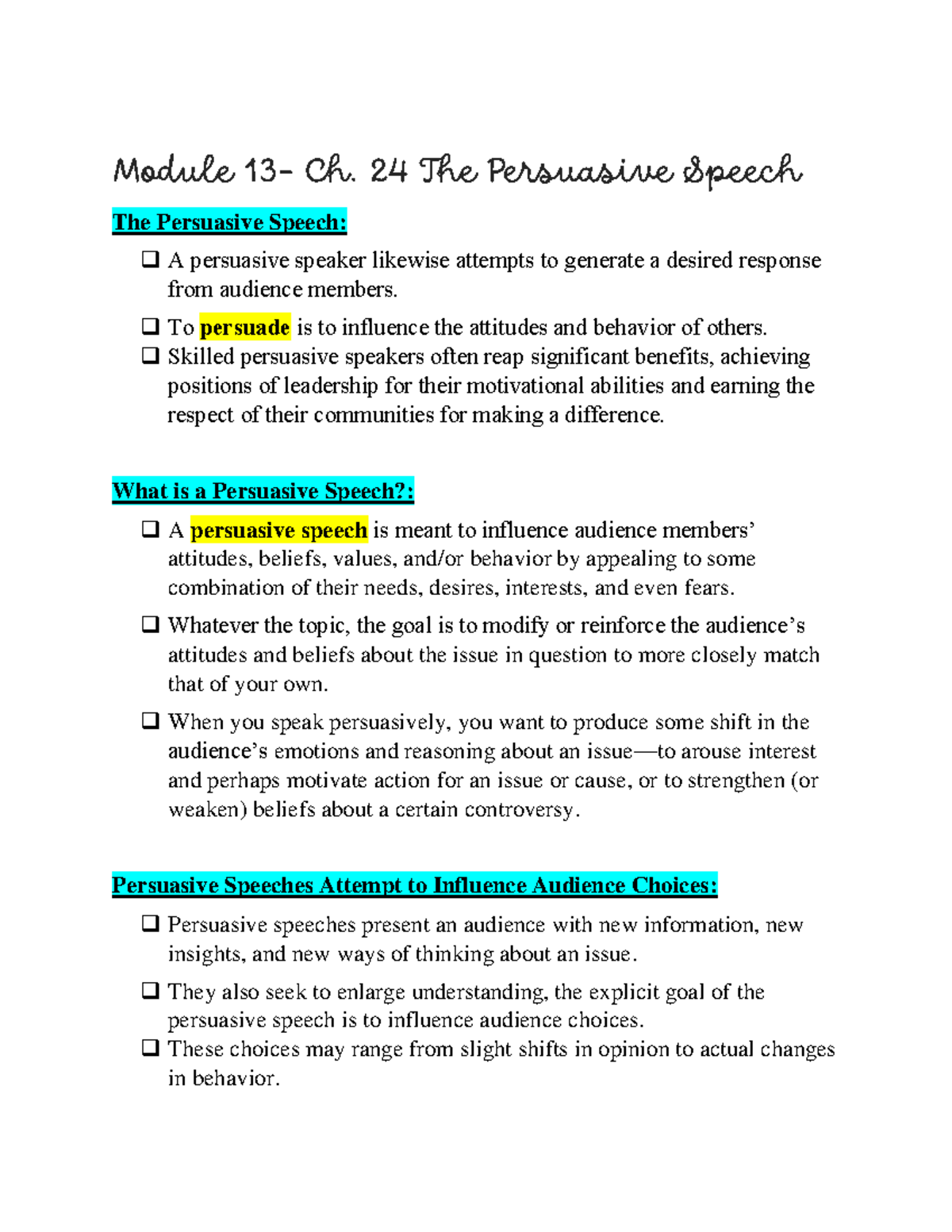 Public Speaking Notes 16 - Module 13- Ch. 24 The Persuasive Speech The 