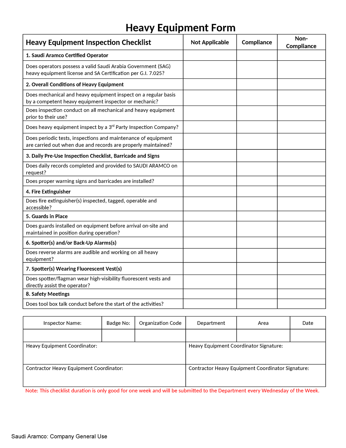 Heavy Equipment Inspection Form - Saudi Aramco: Company General Use ...