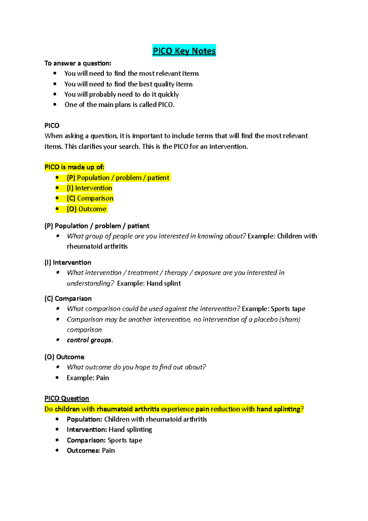 CIHv PICO summary - PICO Key Notes To answer a question: You will need ...