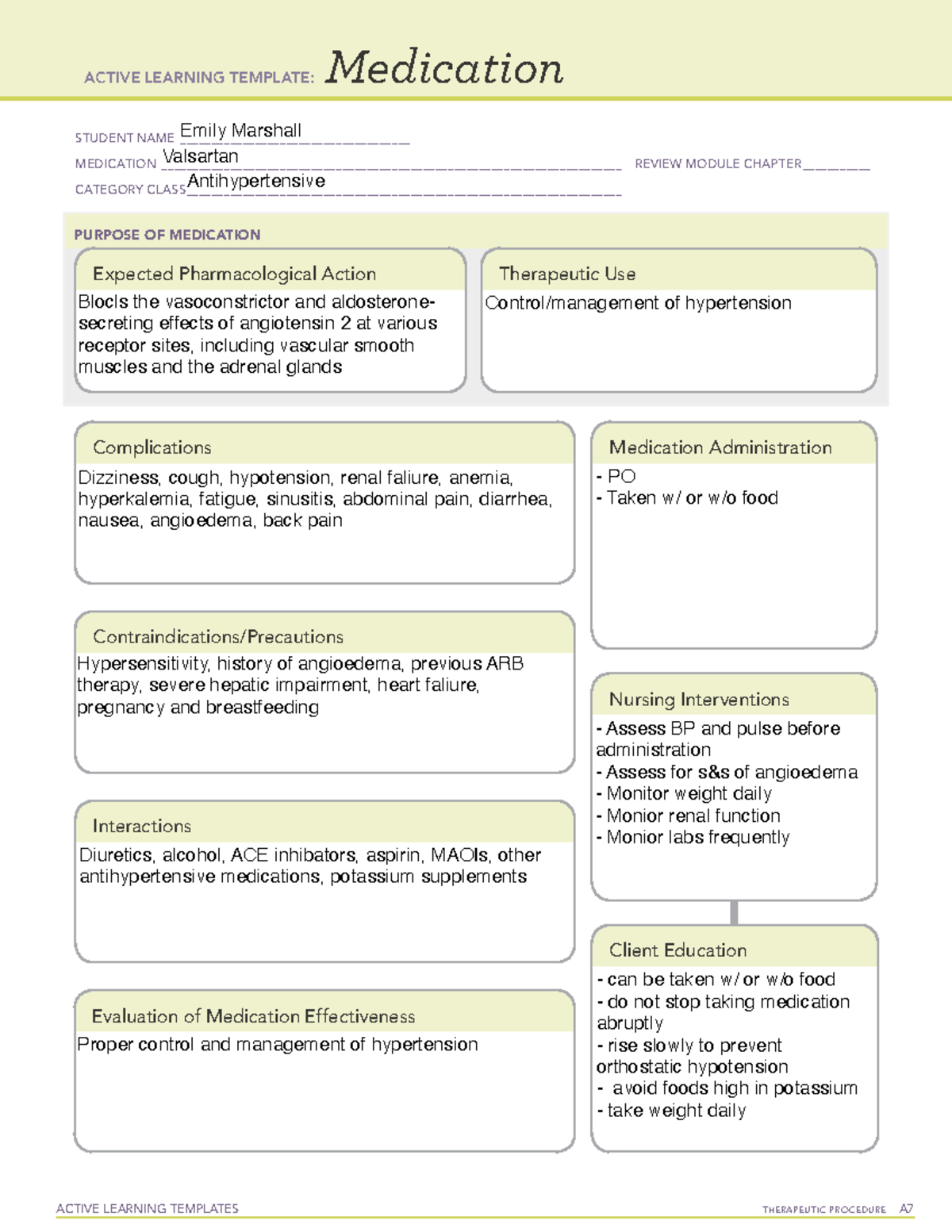 Valsartan - Pharm active learning template medication - ACTIVE LEARNING ...