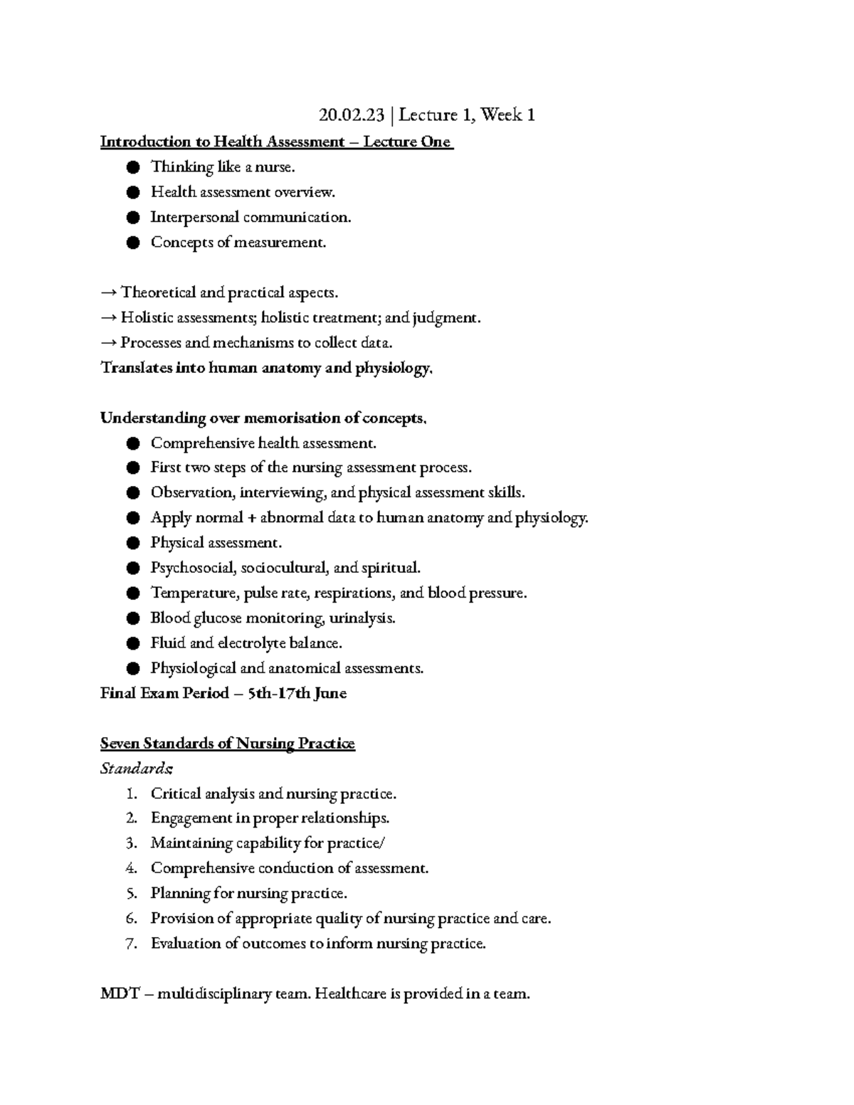 Nursing 1002 Notes Health Assessment - 20.02 | Lecture 1, Week 1 ...