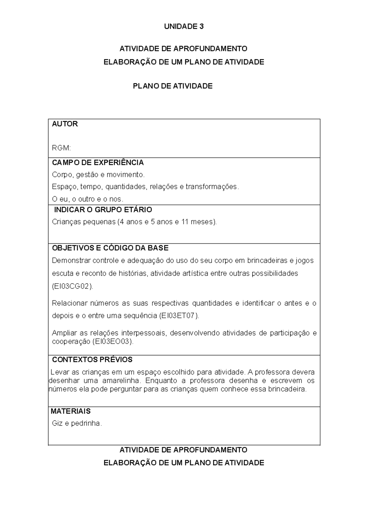 Prática de Ensino em Educação Infantil - Modelo Atividade III - Plano ...