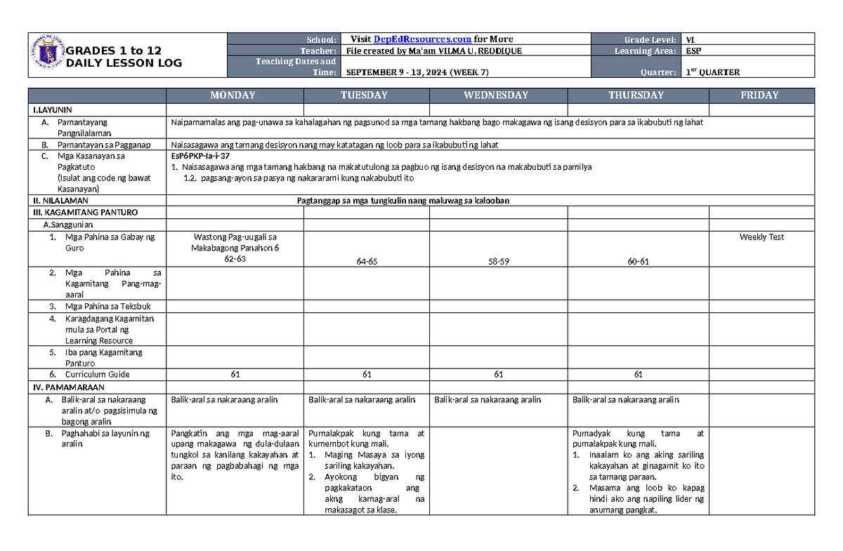 DLL ESP 6 Q1 W7 - Please Read - GRADES 1 to 12 DAILY LESSON LOG School ...