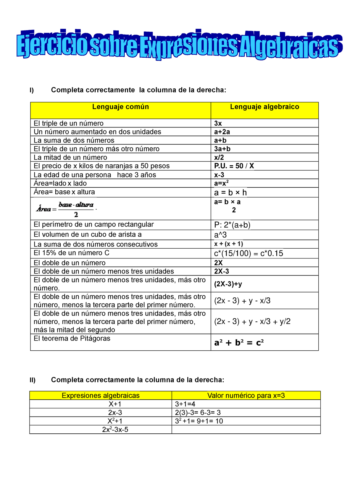 Ejercicios De Lenguaje Algebraico A Lenguaje Comun Resueltos 2581