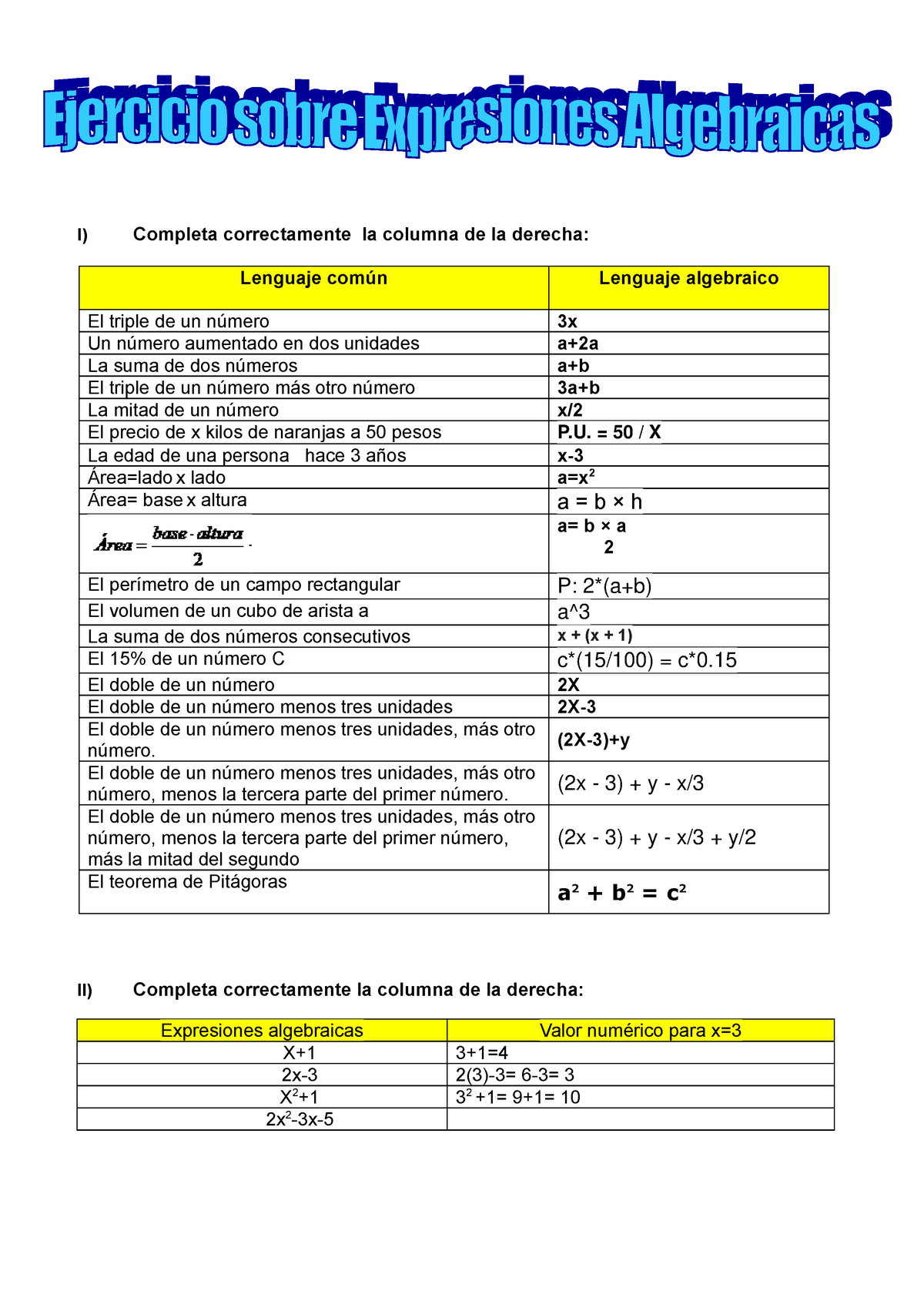 Tarea 4 Expresiones Algebraicas I Completa Correctamente La Columna De La Derecha Lenguaje 7201