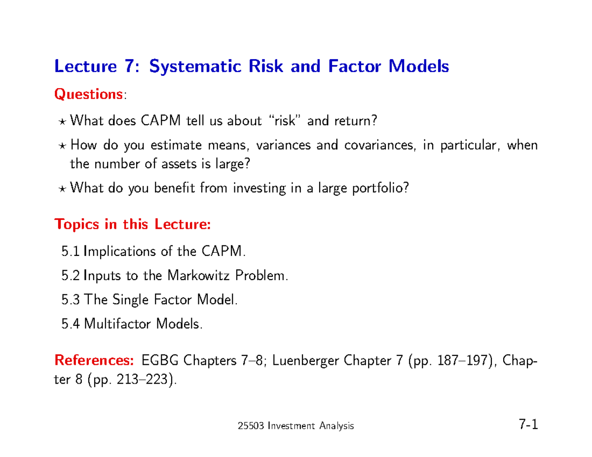 Lecture 7-Slides - Investment Analysis - Lecture 7: Systematic Risk and ...