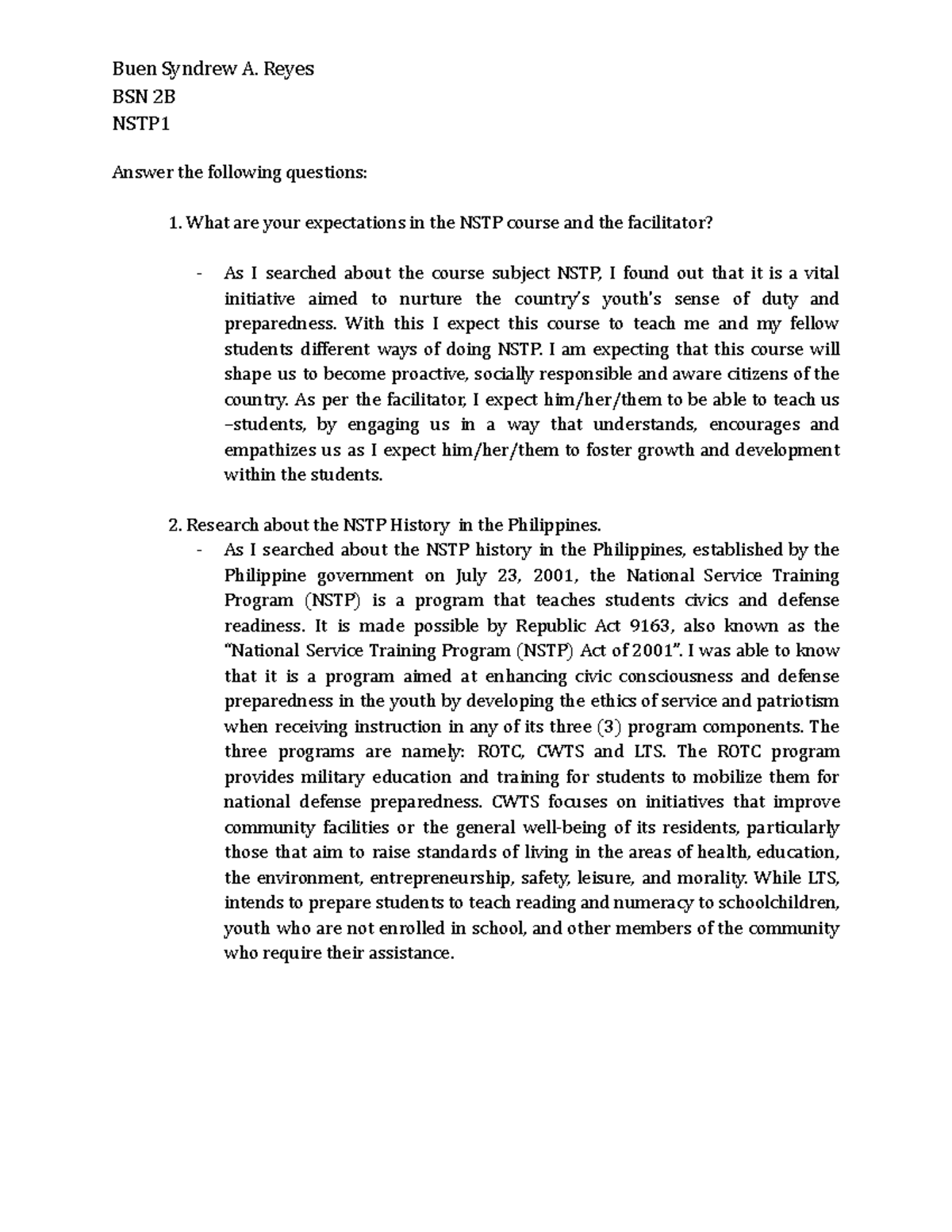 NSTP Assignment 1 - Buen Syndrew A. Reyes BSN 2B NSTP Answer the ...
