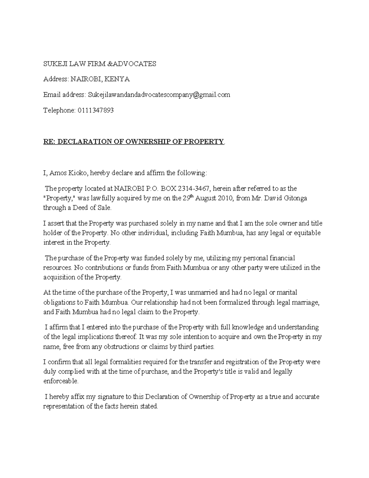 Proof OF Ownership-AMOS Property - SUKEJI LAW FIRM &ADVOCATES Address ...