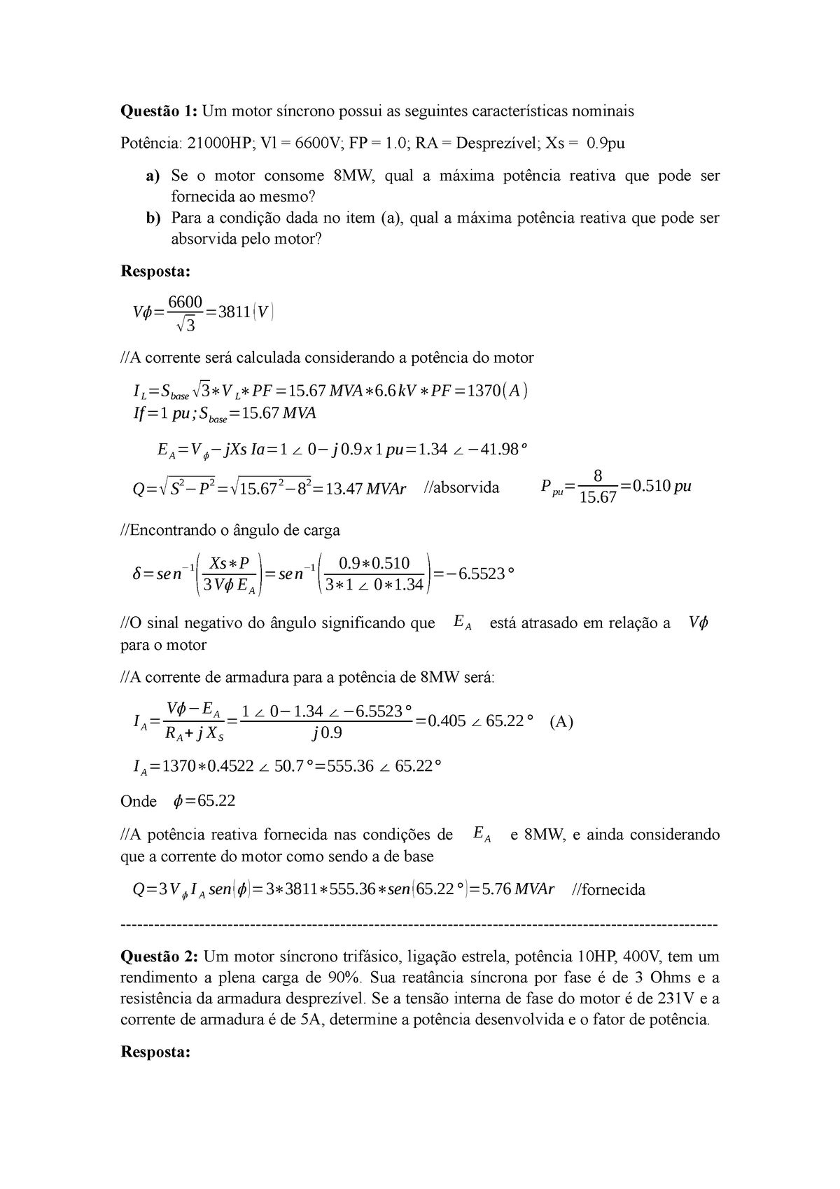Prova Convers O De Energia El Trica Ii Quest O Um Motor S Ncrono Possui As Seguintes