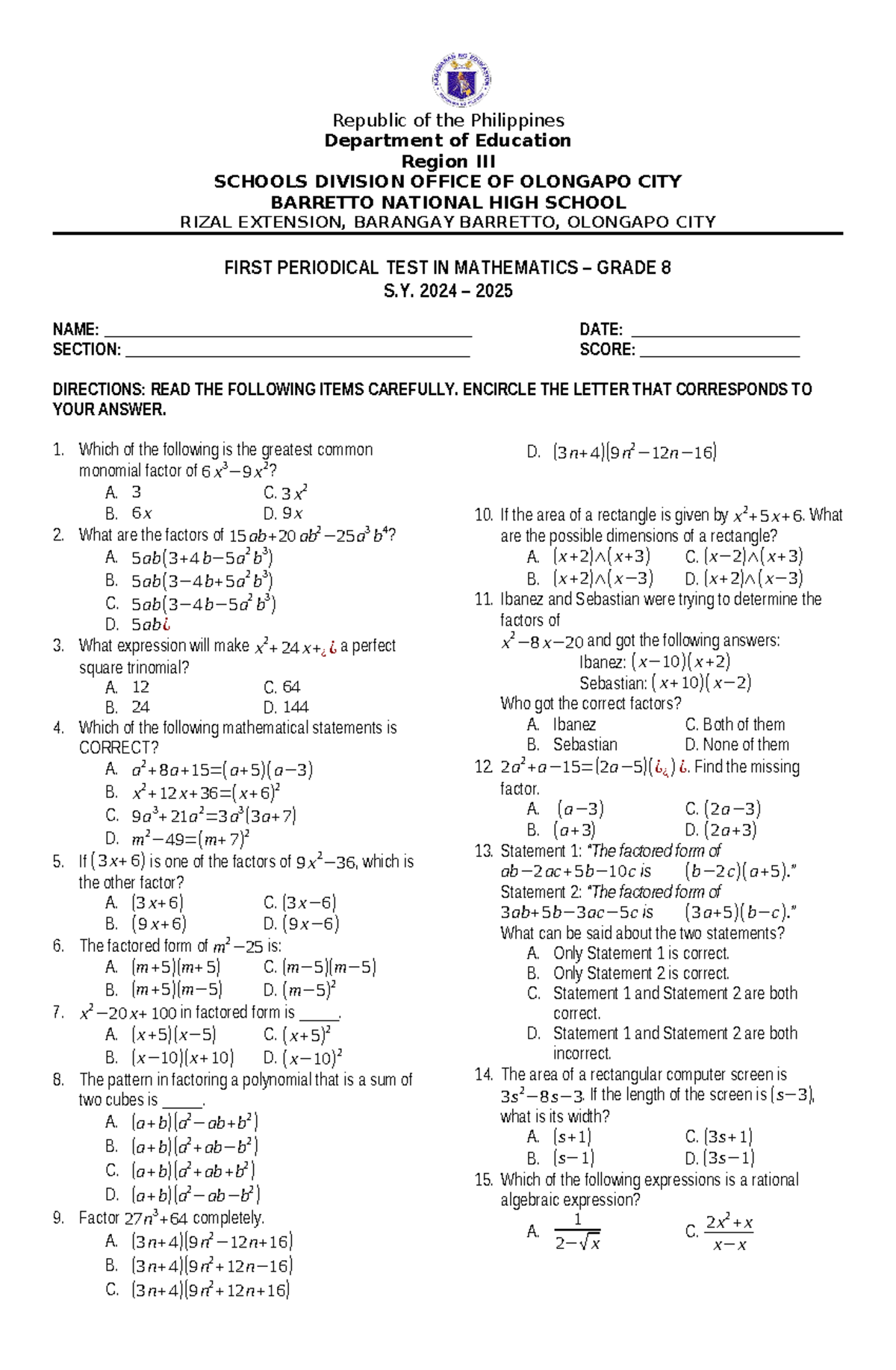 First Periodical TEST IN MATH 8 - Republic of the Philippines ...