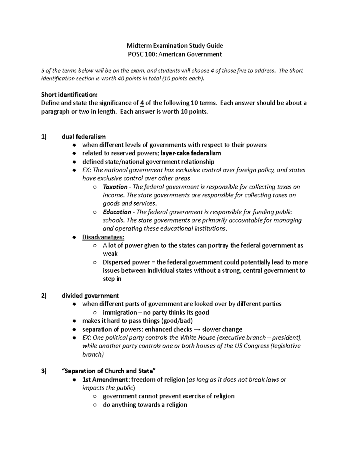 POSC 101 - Midterm #1 Study Guide - Midterm Examination Study Guide ...