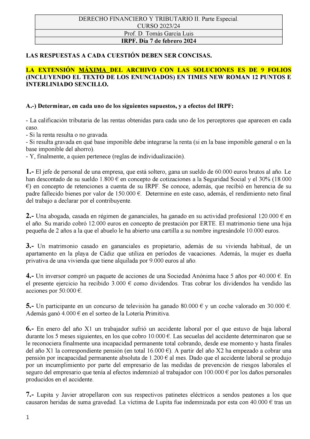 01 Irpf Casos Prácticos A Resolver 7 De Febrero 2024 Derecho