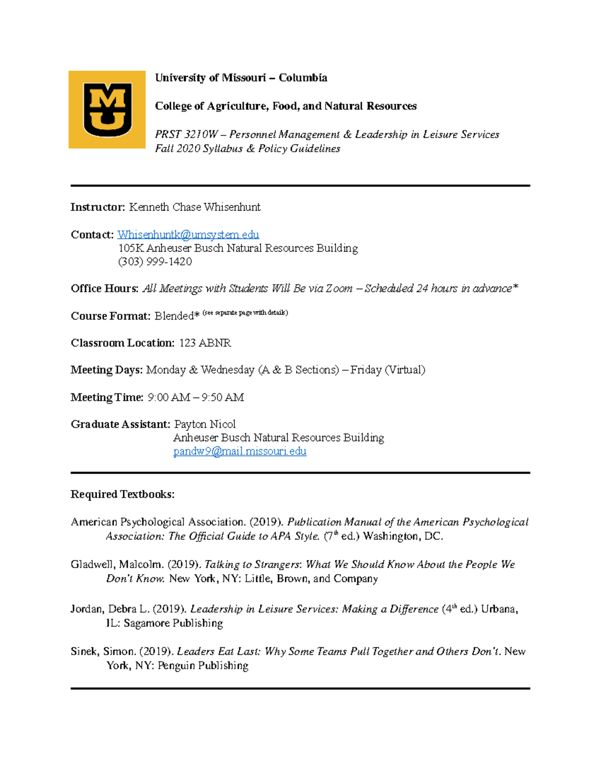 3210W Fall 2020 Syllabus - University of Missouri – Columbia College of ...