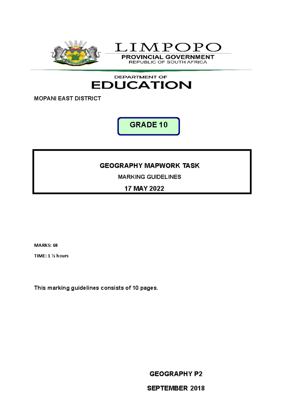 Geography GR 10 Mapwork TASK Marking Guidelines 17 MAY 2022 - MOPANI ...