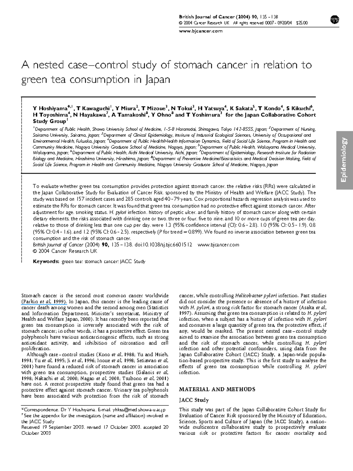 A nested case control study of stomach c - A nested case–control study ...