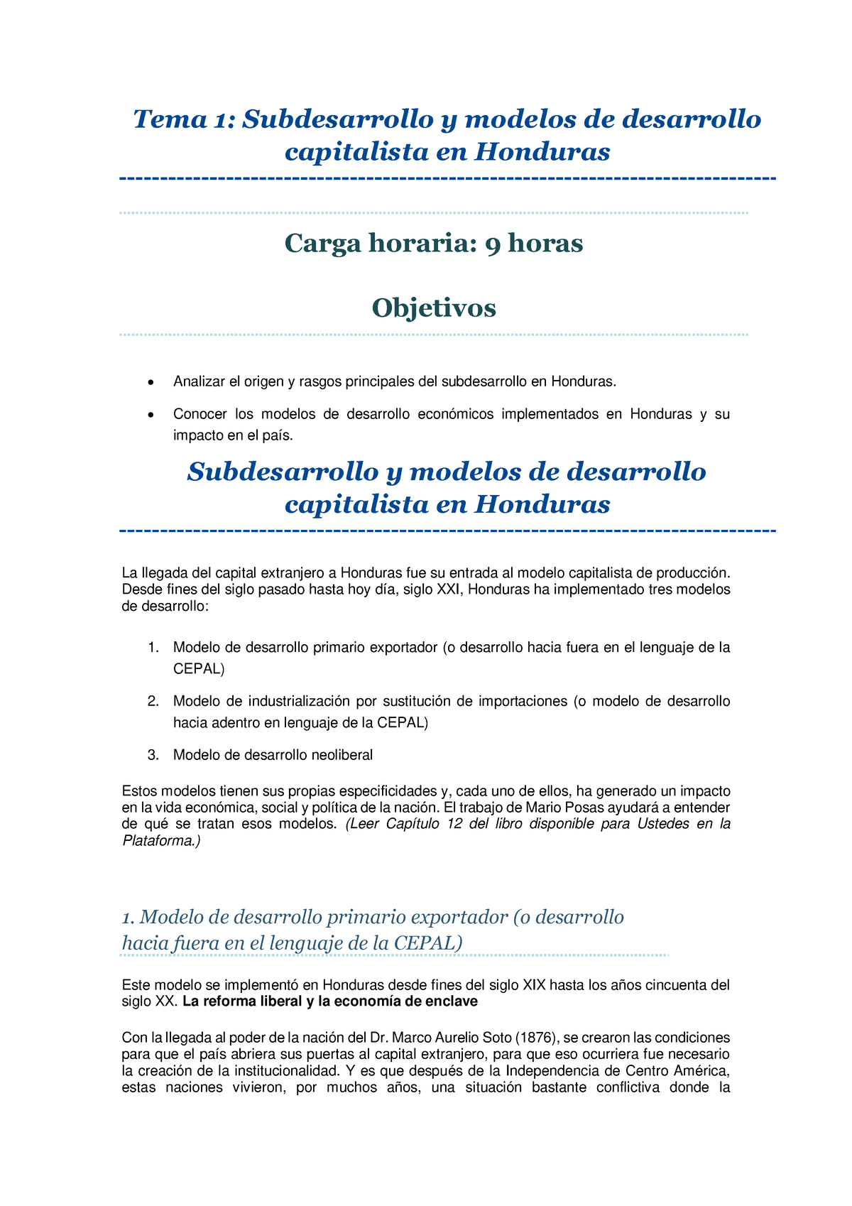 Tema 1 - TEma I - Tema 1: Subdesarrollo y modelos de desarrollo capitalista  en Honduras Carga - Studocu