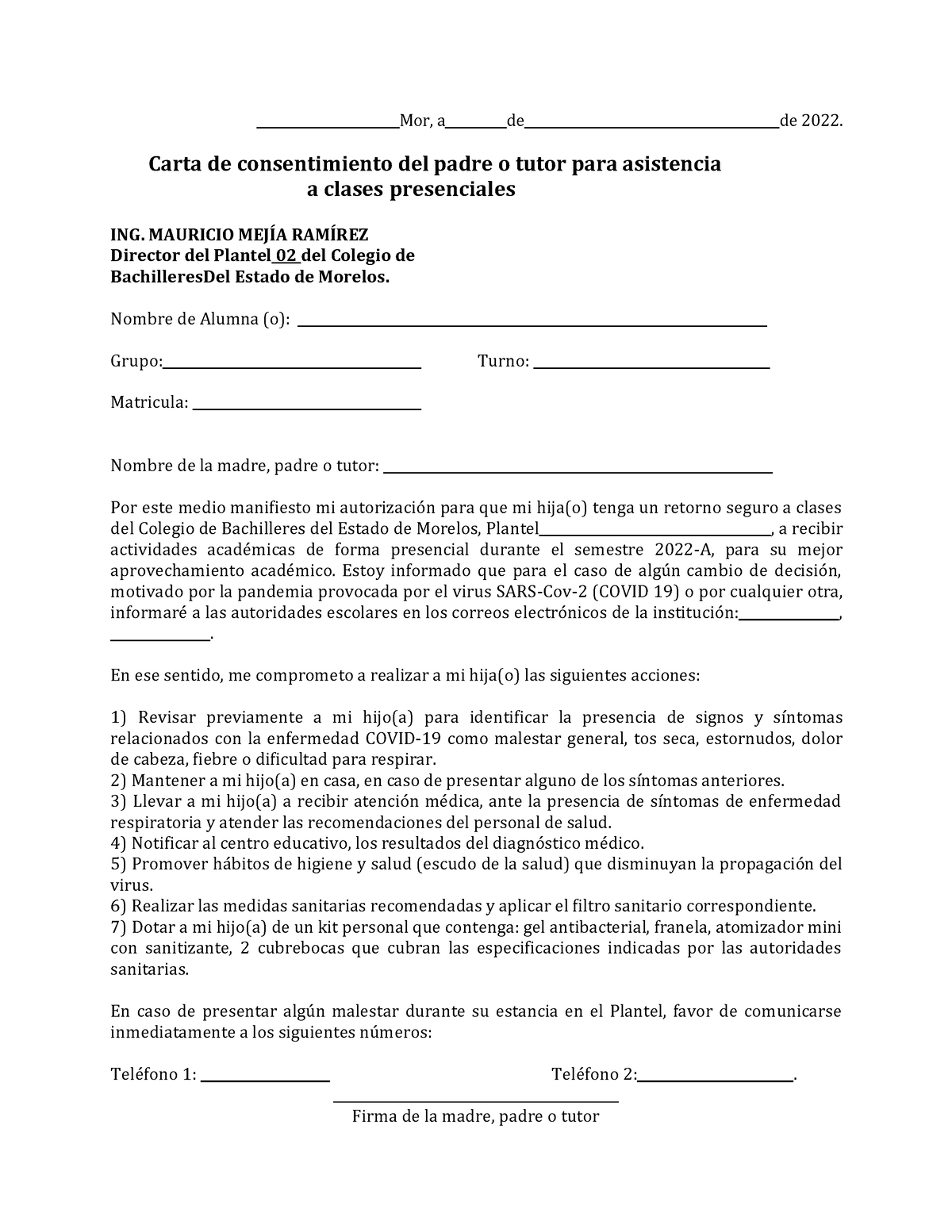 Carta Compromiso Y Autorizacion Semestre 22 A Mor A De De 2022 Carta De Consentimiento Del 9934