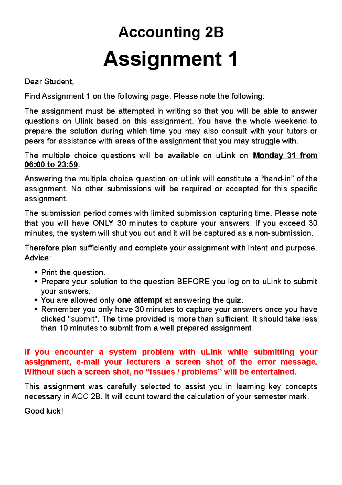 ACC2B Assignment 1 2023 - Accounting 2B Assignment 1 Dear Student, Find ...