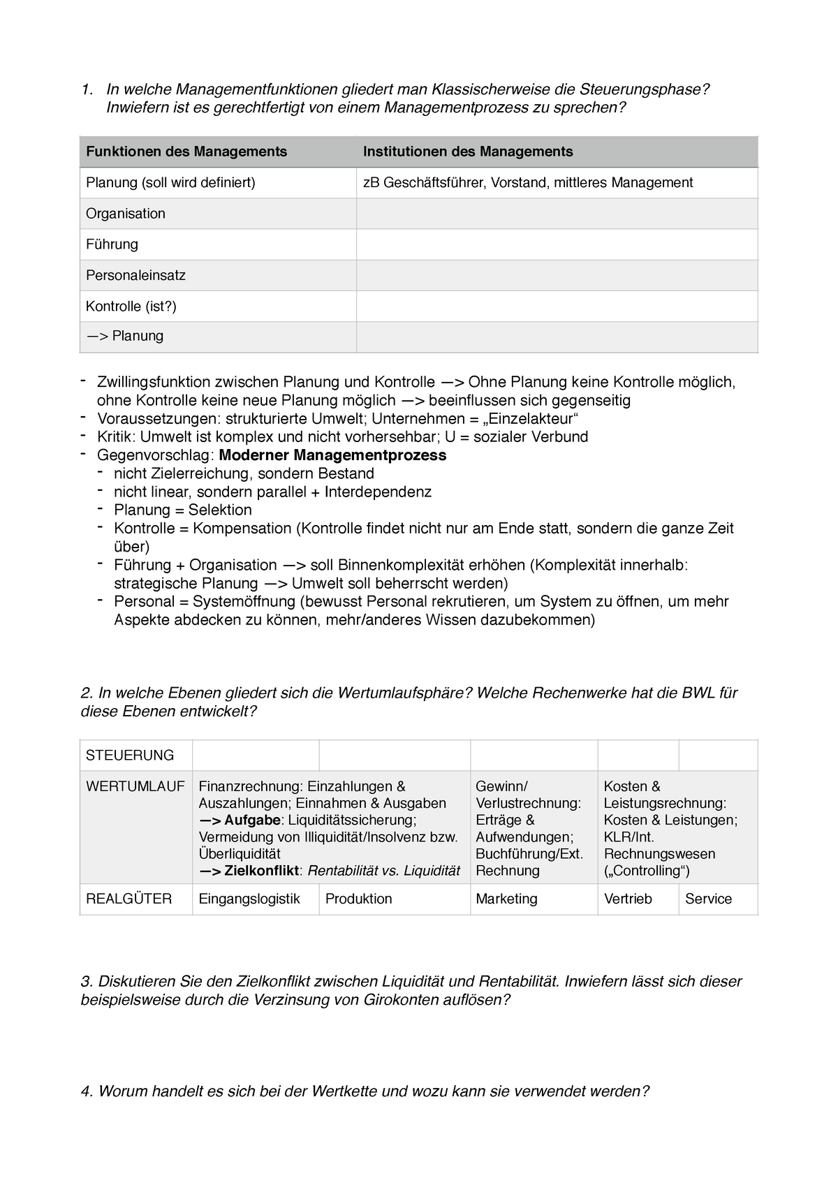 Übung 12 Grundlagen BWL - 1. In Welche Managementfunktionen Gliedert ...