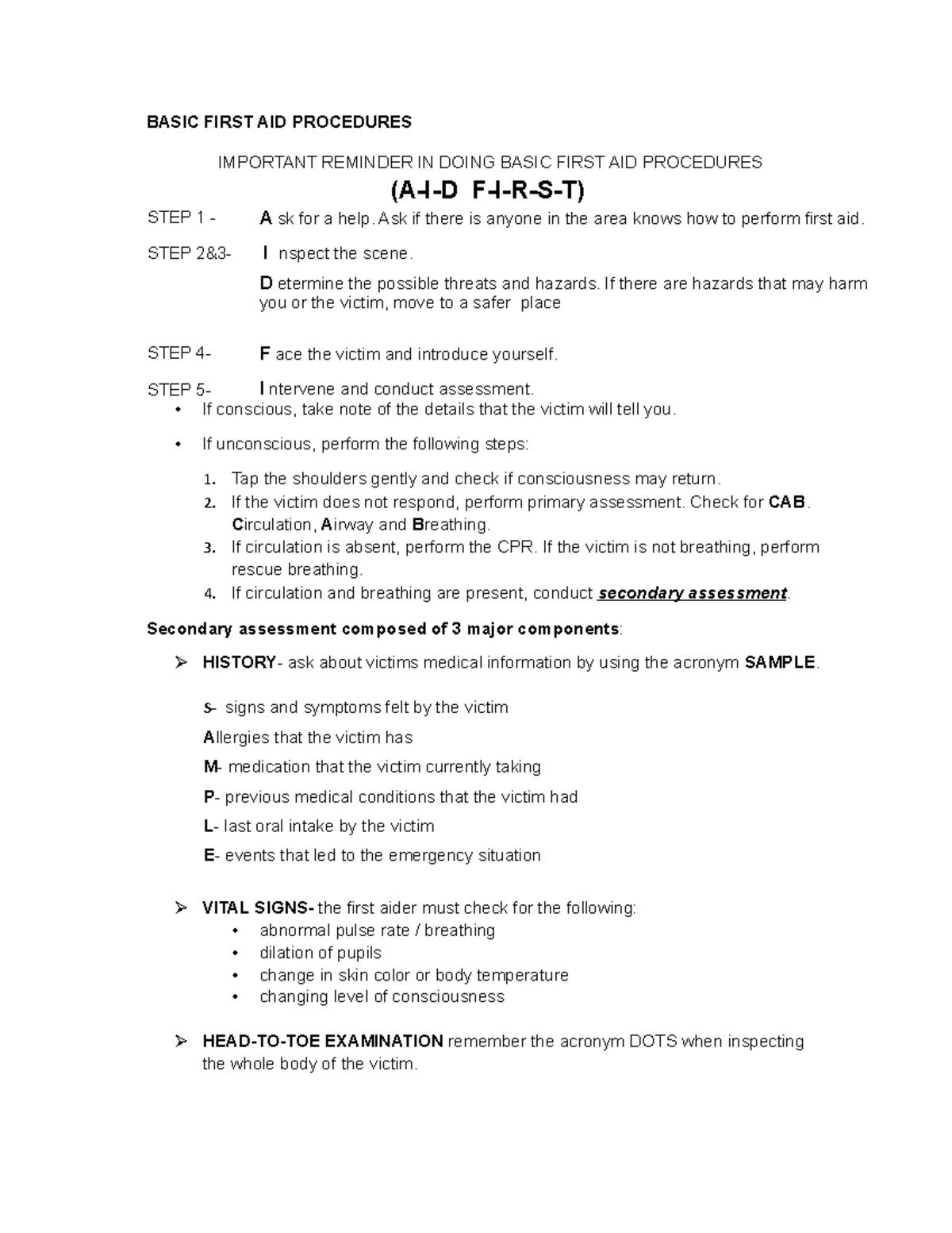 AID First NOTES BASIC FIRST AID PROCEDURES IMPORTANT REMINDER IN DOING BASIC FIRST AID Studocu