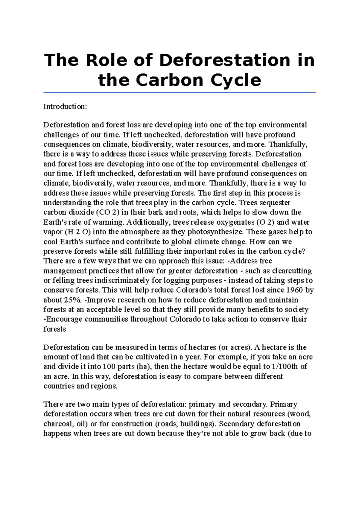 The Role of Deforestation in the Carbon Cycle - The Role of ...