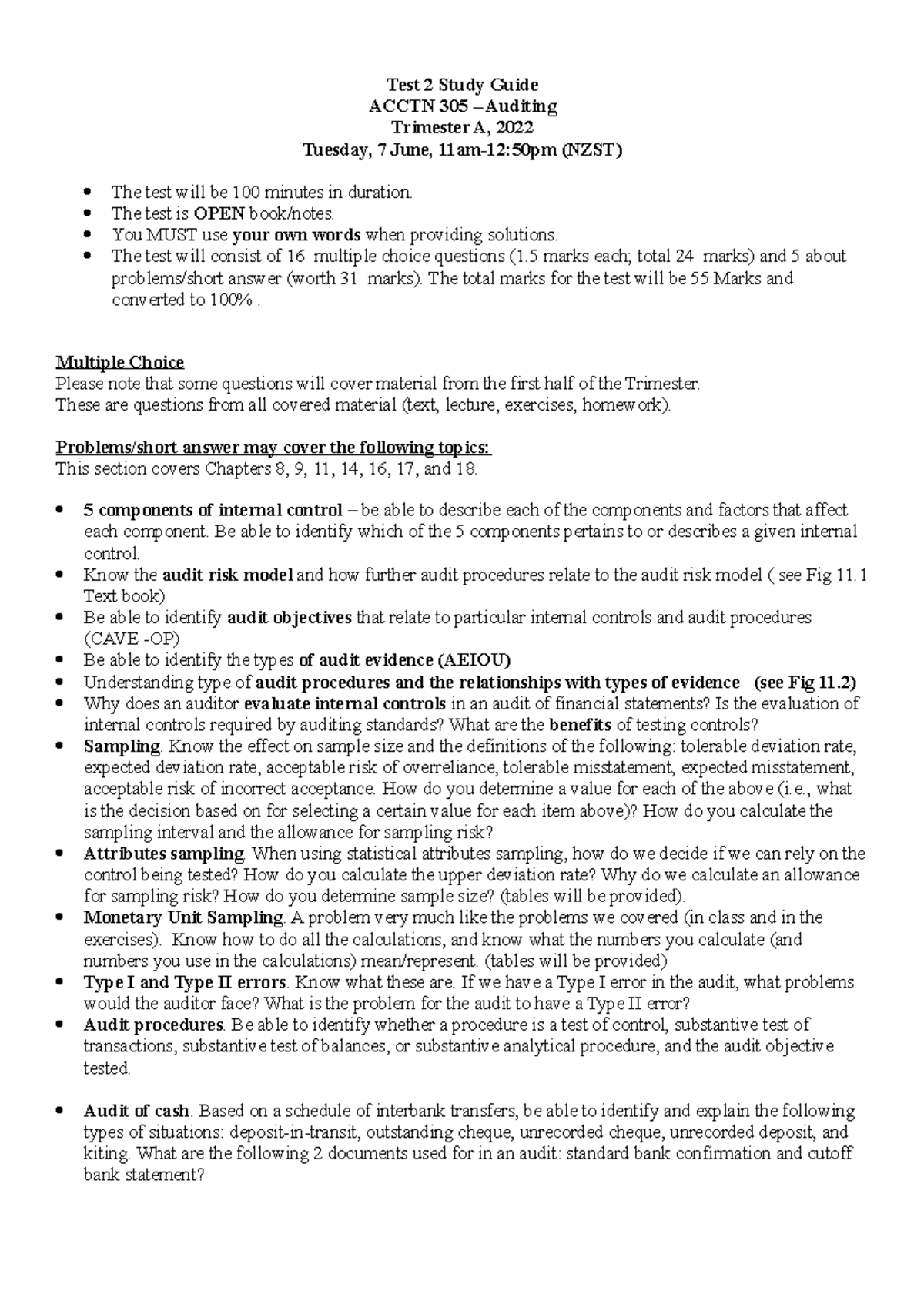 Test 2 Study Guide - Test 2 Study Guide ACCTN 305 – Auditing Trimester ...