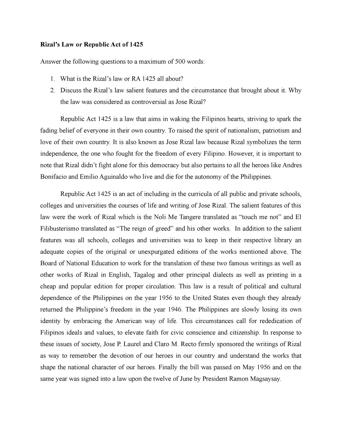 Rizal's Law The Rizal’s Law or Republic Act of 1425 and its salient