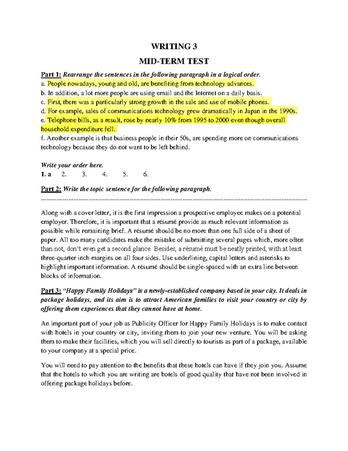 MID TERM TEST-11-2022 - Business English - WRITING 3 MID-TERM TEST Part ...