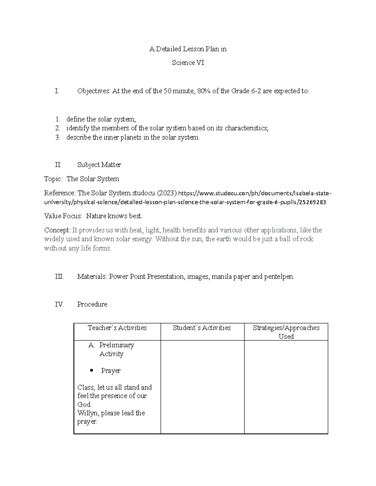 Final NANI Fevhe Lessonplan - A Detailed Lesson Plan in Science VI I ...