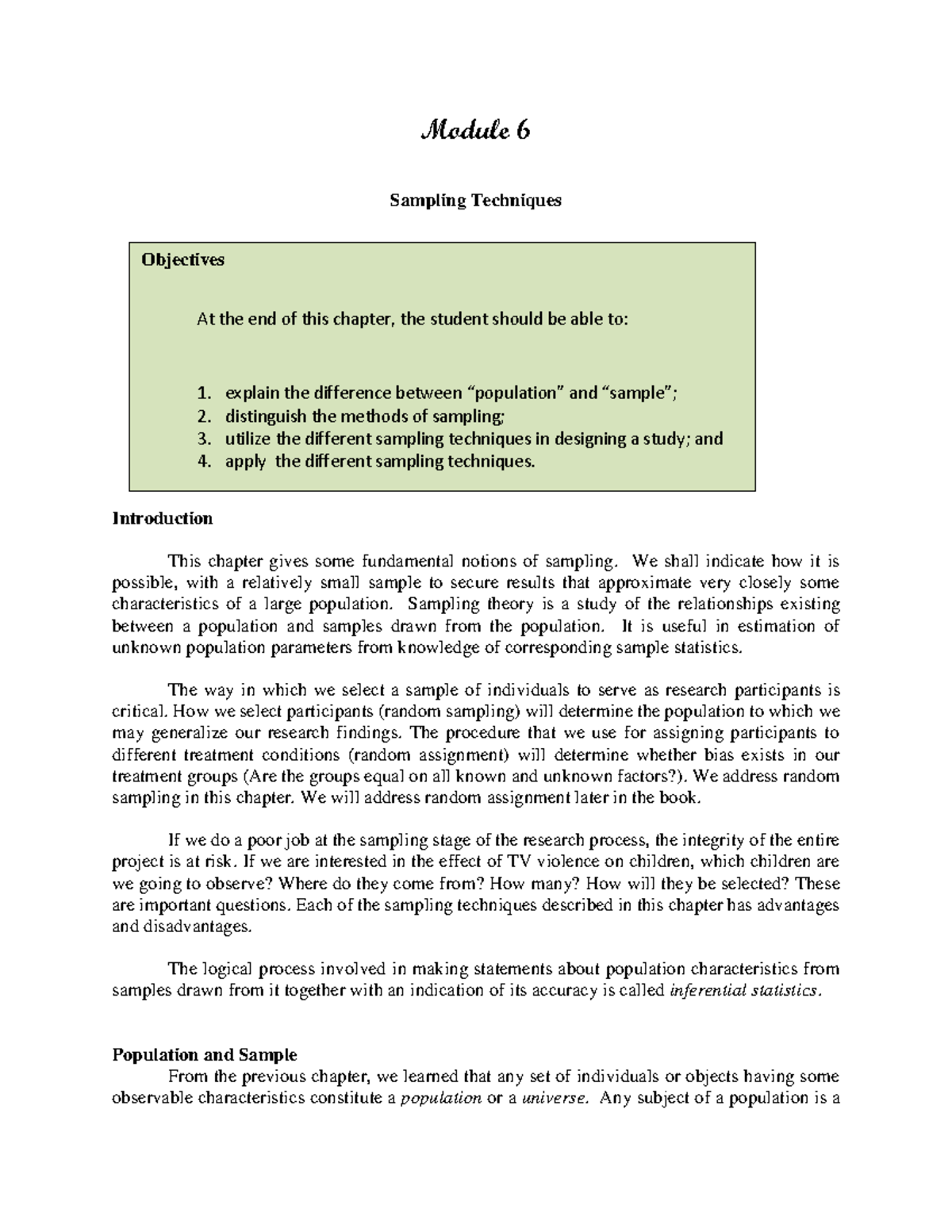 Module 6 - Sampling - Module 6 Sampling Techniques Introduction This ...