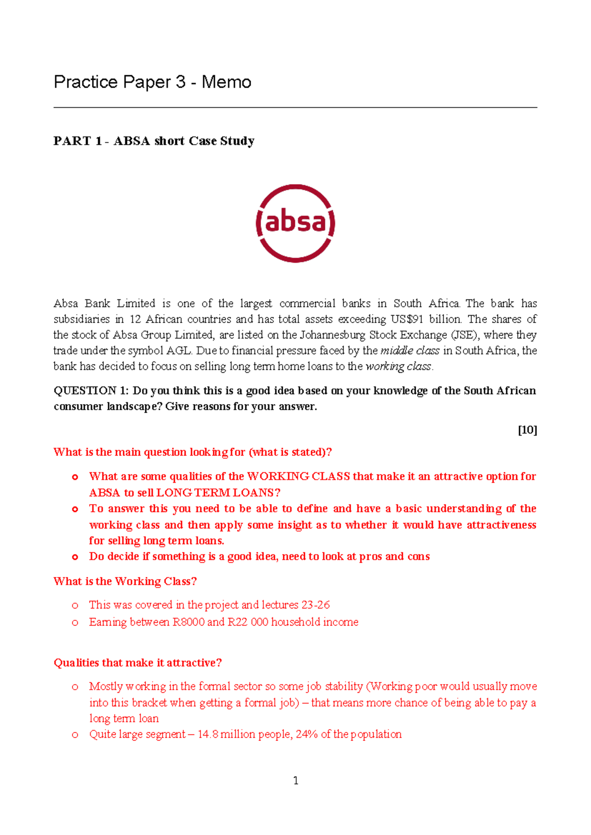 Practice Paper 3 (Memo) - Practice Paper 3 - Memo PART 1 - ABSA short ...