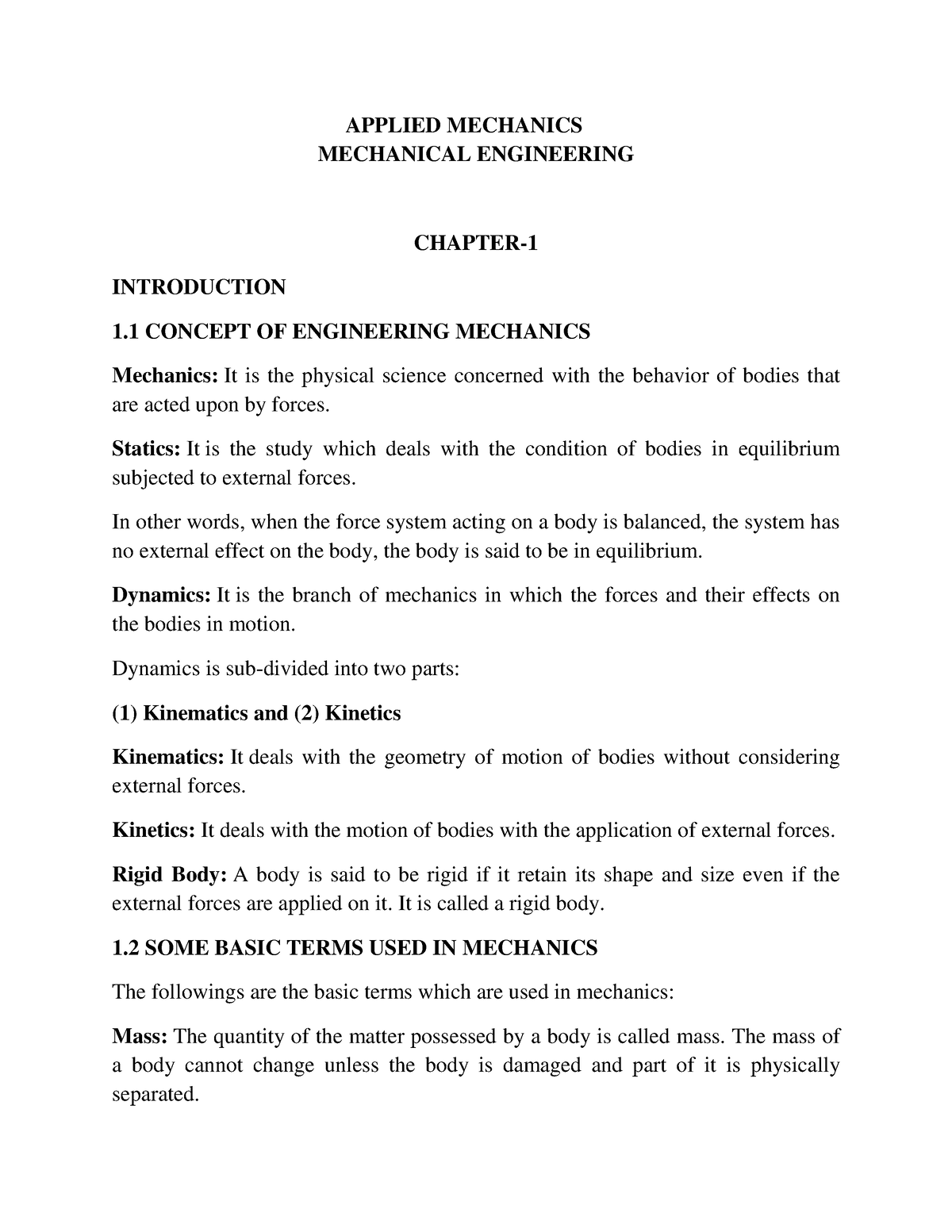 Applied Mechanics - MECHANICAL ENGINEERING CHAPTER- INTRODUCTION 1 ...