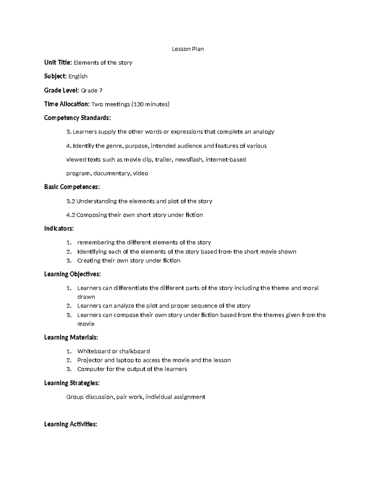 Lesson Plan - NOTES - Lesson Plan Unit Title: Elements of the story ...