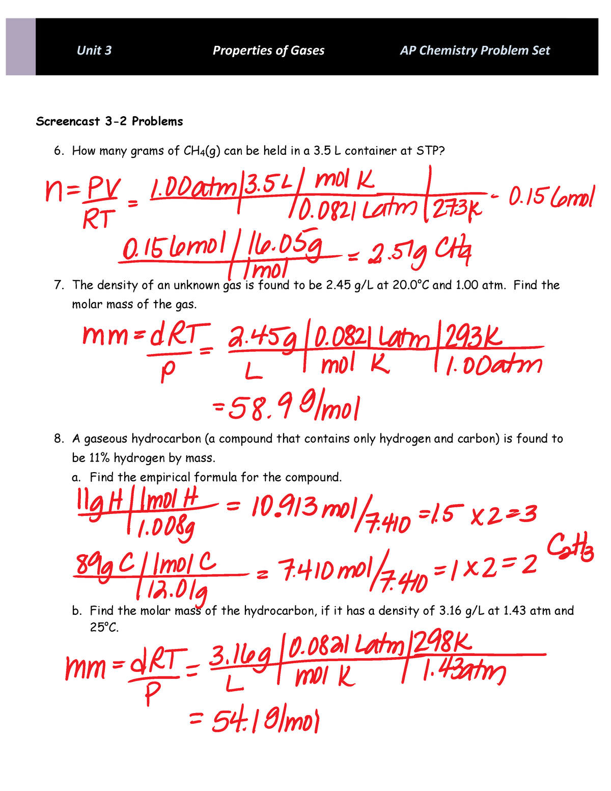 AP Chemistry Unit 3 Gases SC 32 Answers Unit 3 Properties of Gases