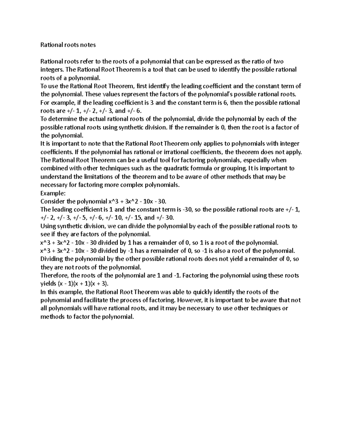 Rational roots notes - Rational roots notes Rational roots refer to the ...