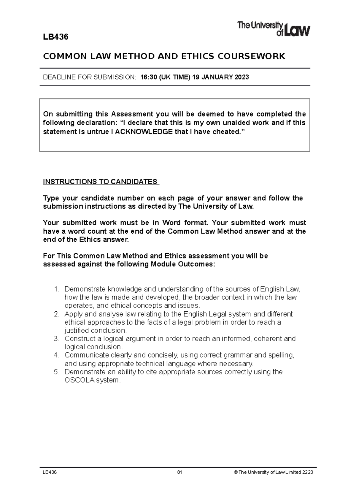 LB436 CLME Dec Final - Law Notes - COMMON LAW METHOD AND ETHICS ...