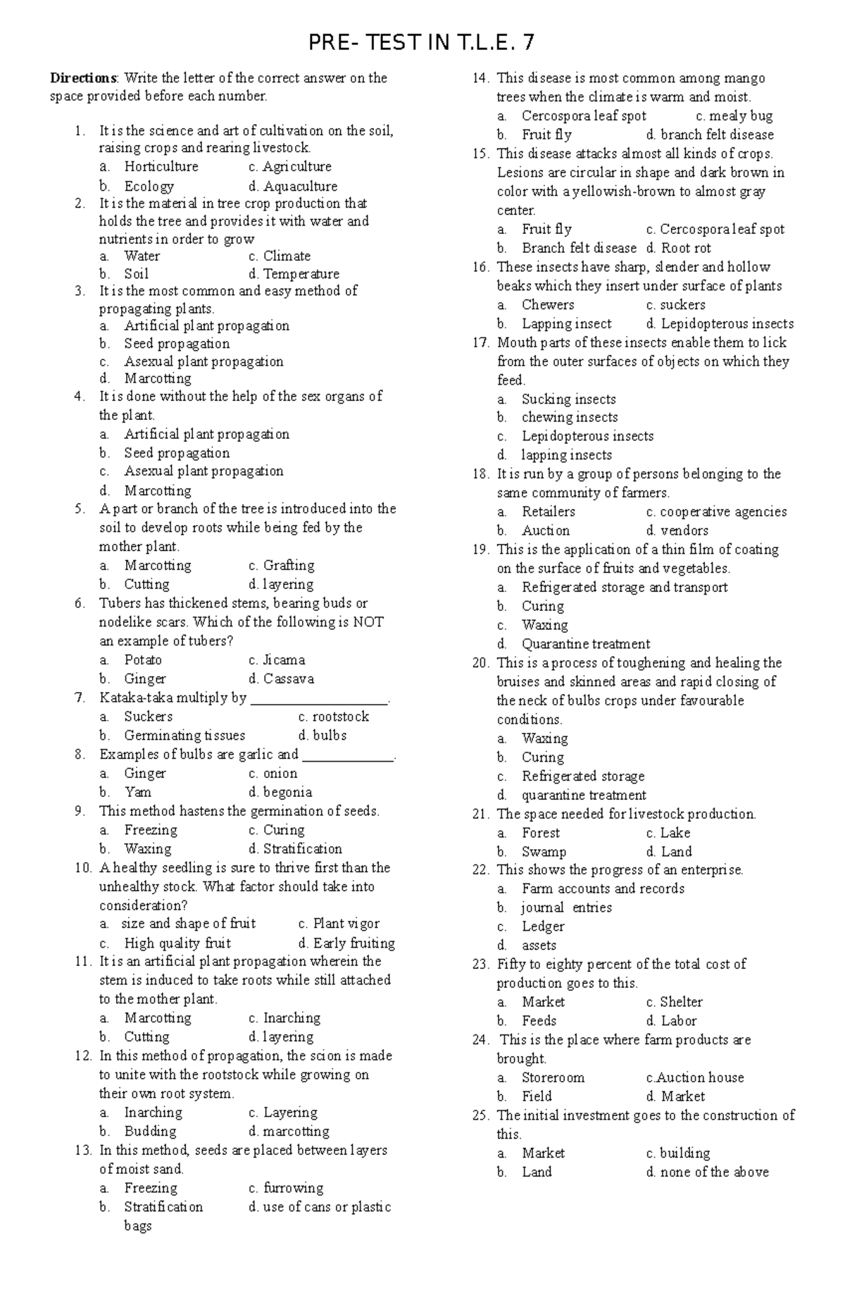 Agriculture Pretest - nhk - PRE- TEST IN T.L. 7 Directions: Write the ...