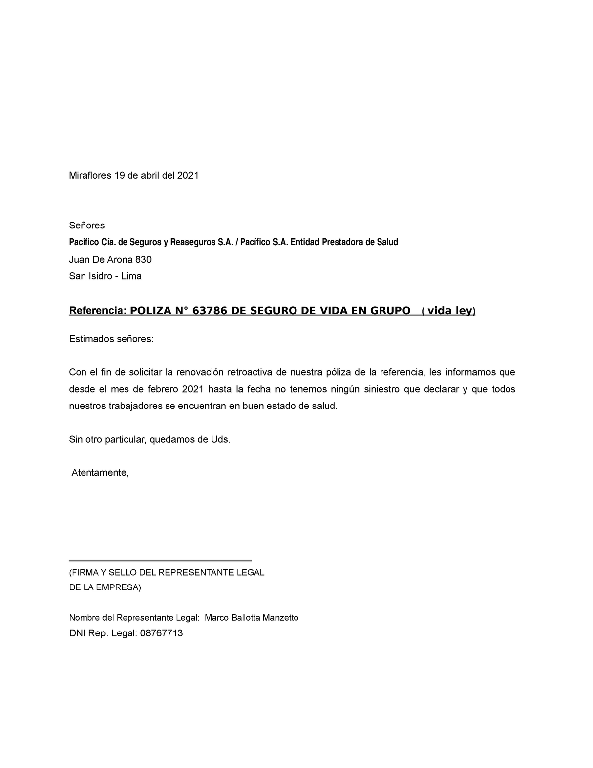 Modelo Carta NO Siniestro - Miraflores 19 de abril del 2021 Señores  Pacifico Cía. de Seguros y - Studocu