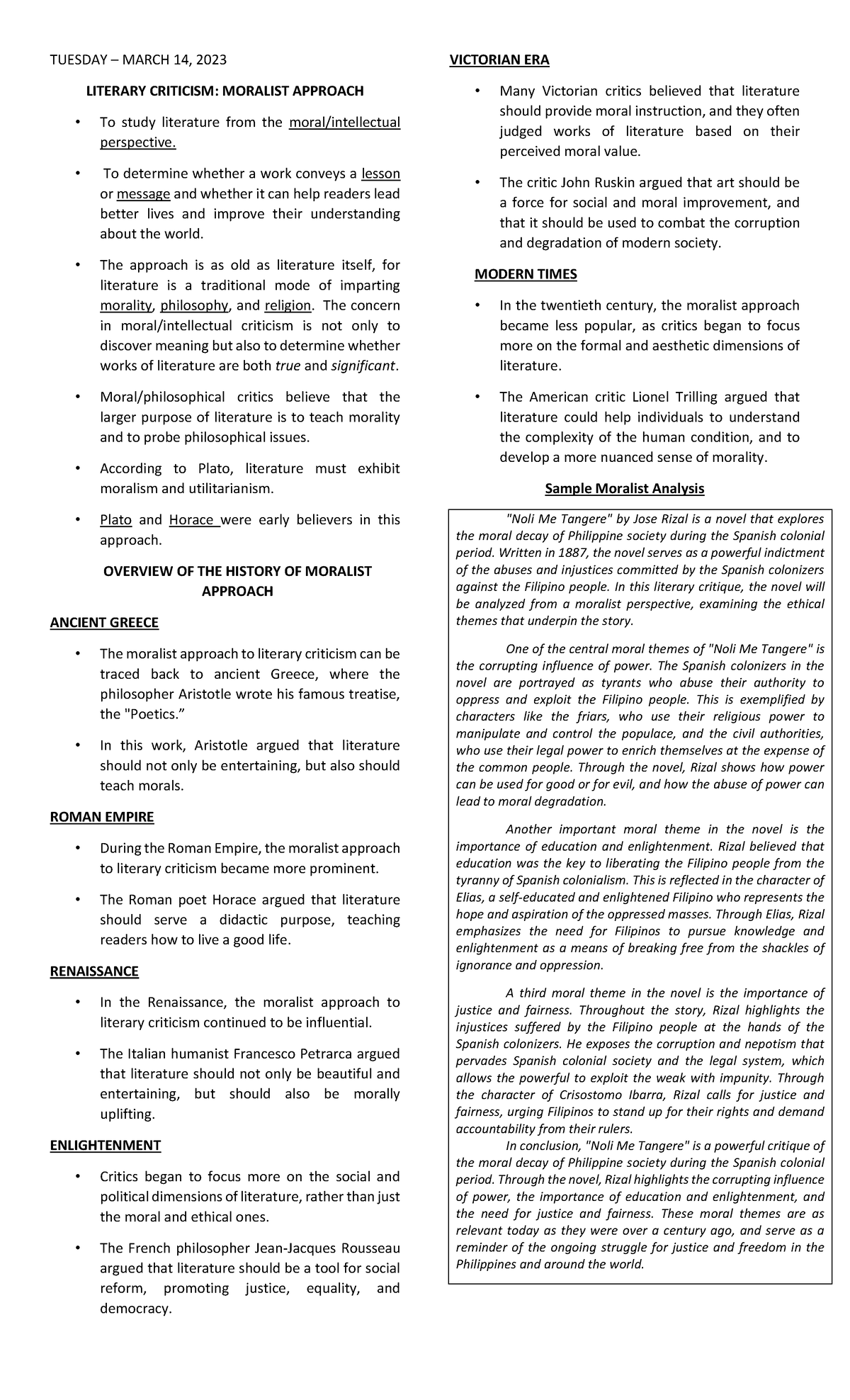 Grade 10 Module Practice Materials Tuesday March 14 2023 Literary Criticism Moralist 7267