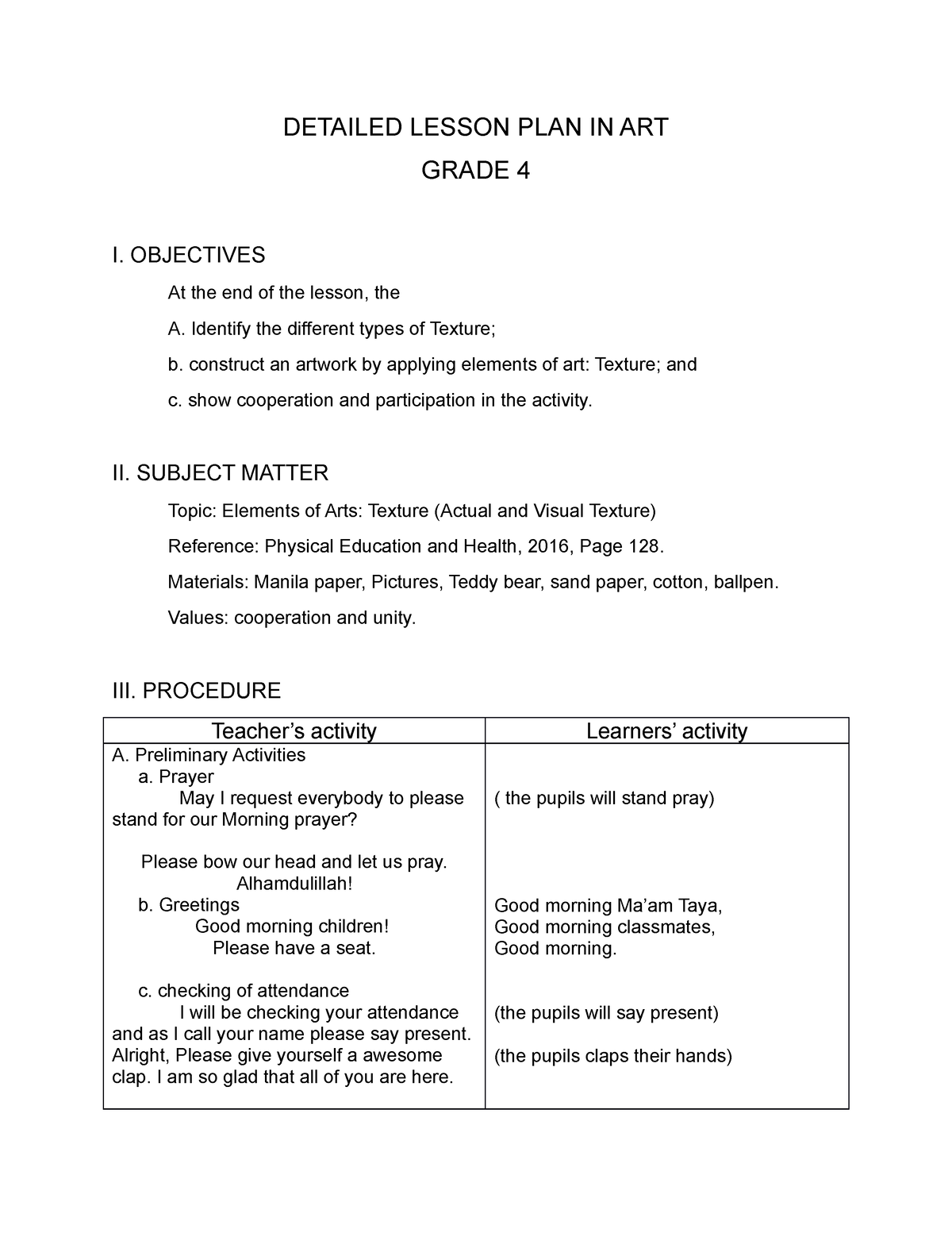 Detailed Lesson PLAN IN ART - DETAILED LESSON PLAN IN ART GRADE 4 I ...