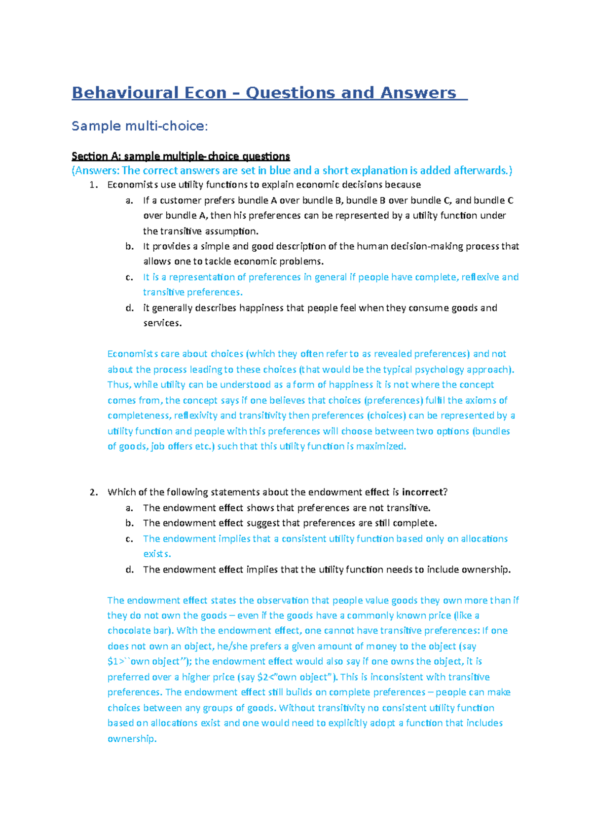 Behavioural Econ Questions and Answers Behavioural Econ Questions