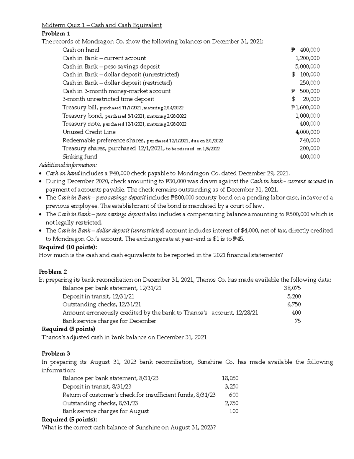 Quiz Midterm Cash and Bank Recon Midterm Quiz 1 Cash and Cash